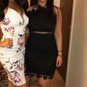 Black open back lace halter dress